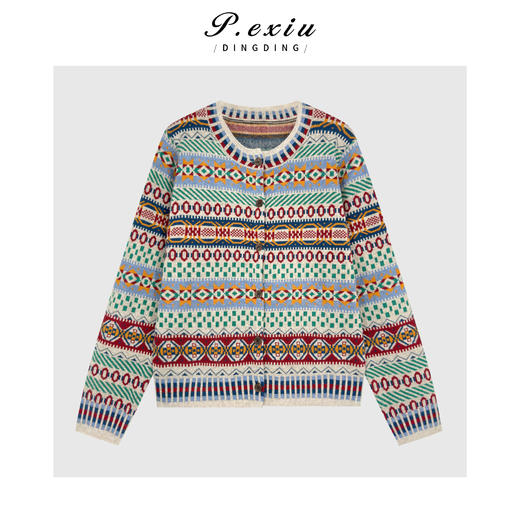 PanYiXiu/潘依绣兔绒费尔岛复古撞色提花条纹圆领长袖针织开衫D438 商品图1