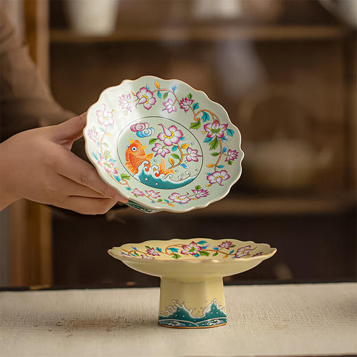 【汝窑高脚盘-盛世锦鲤】陶瓷高脚水果盘中式高足茶点盘家用点心碟子供佛盘干果盘订婚摆台 商品图4