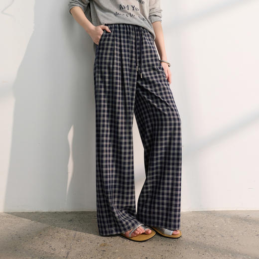 三彩2026春季新款休闲裤格纹长裤宽松高腰显瘦直筒裤垂感M 商品图1