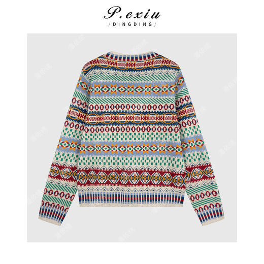 PanYiXiu/潘依绣兔绒费尔岛复古撞色提花条纹圆领长袖针织开衫D438 商品图2