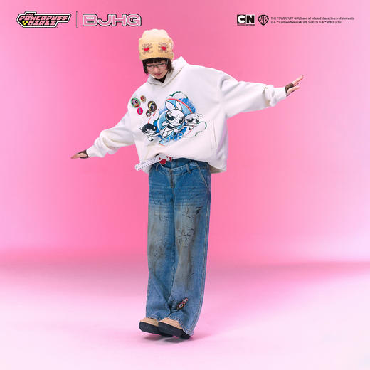 【飞天小女警联名】BJHG不计后果美式卫衣女春季做旧印花连帽上衣 商品图3