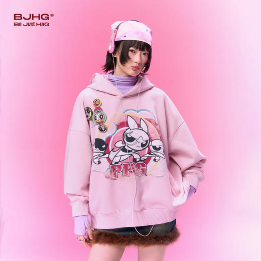 【飞天小女警联名】BJHG不计后果美式卫衣女春季做旧印花连帽上衣 商品图0