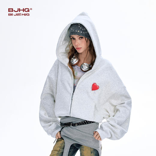BJHG不计后果短款贴贴卫衣女春季潮牌针织开衫美式宽松连帽短外套 商品图4