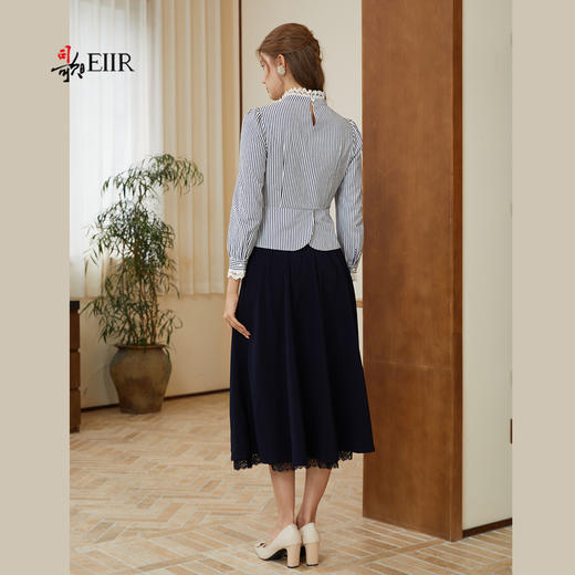 司歌条纹蕾丝长袖收腰气质蝴蝶结衬衫长袖春秋女T921253X 商品图3