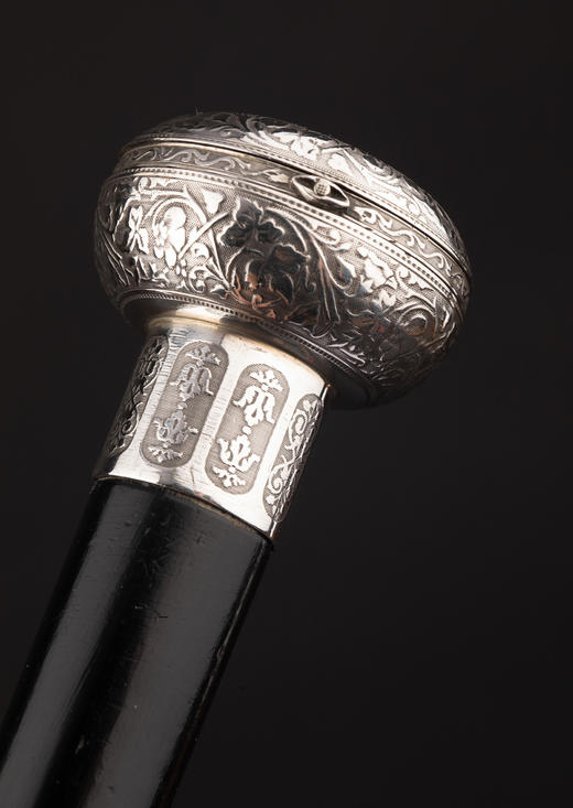 独角鹿西洋古董1880年代瑞士出品花卉卷叶主题纯银精雕外壳机芯装置怀表杖柄装饰乌木色硬木杖身牛角杖脚古董手杖 商品图6