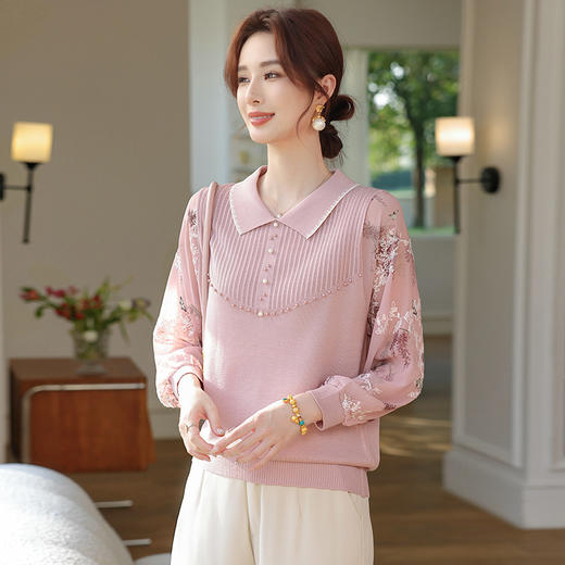 【妈妈春装新款】气质翻领纱袖针织衫 洋气春夏季T恤打底上衣 中老年女装  商品图2