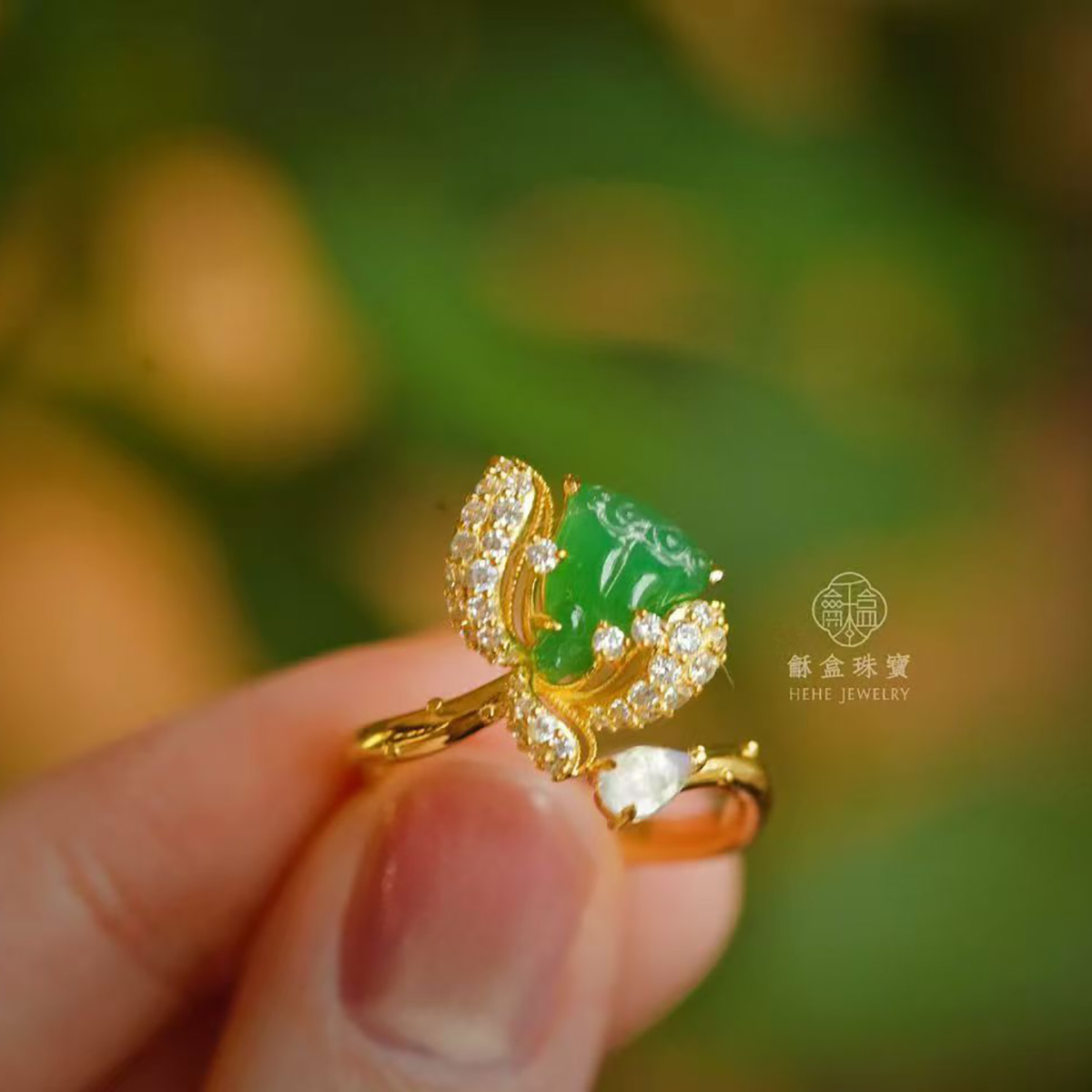 龢盒原创 银镶冰绿翡翠莲蓬戒指