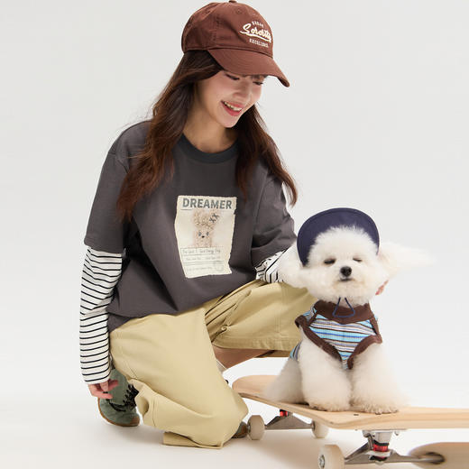 笛莎Deesha  2026年春季新品青少年初高中圆领长袖上衣假两件印花条纹T恤女 商品图2