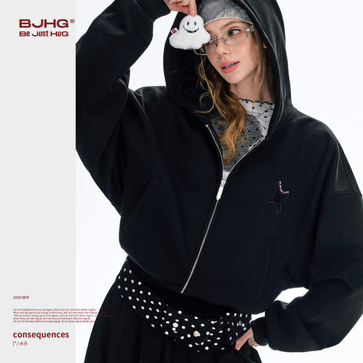 BJHG不计后果短款贴贴卫衣女春季潮牌针织开衫美式宽松连帽短外套 商品图1