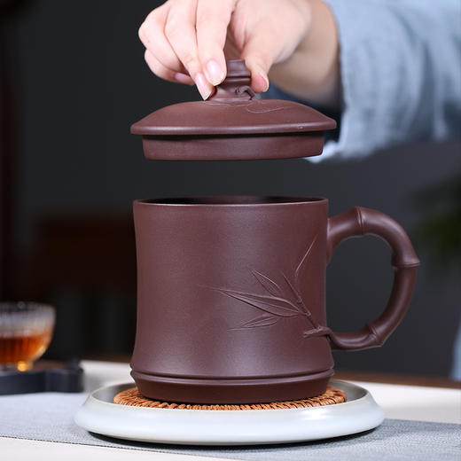宜兴紫砂杯 宁静致远/竹节杯 原矿紫泥  440cc 手工大容量 家用办公泡茶盖杯 泡茶杯百搭 商品图2