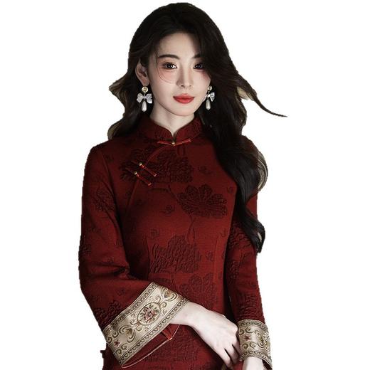 新中式酒红色复古倒大袖旗袍弹力珠光棉订婚礼服敬酒服旗袍JLM6220 商品图4