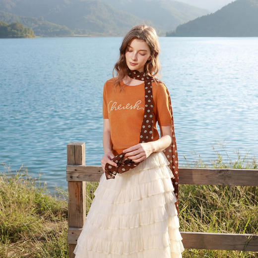 三彩2026春季新款落日橘圆领短袖撞色字母刺绣针织衫套头毛衫M 商品图1