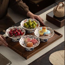 【斗彩高脚盘】中式复古风陶瓷茶点盘家用摆件零食干果盘入宅必备茶几摆台水果盘
