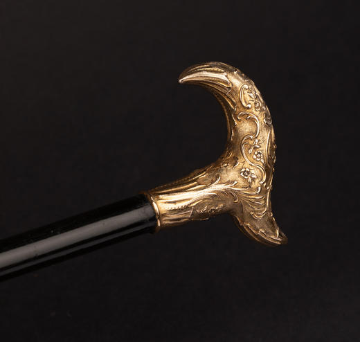 独角鹿西洋古董1900年代法国出品古典花叶主题18K黄金精雕杖柄装饰乌木色硬木杖身古董手杖 商品图4