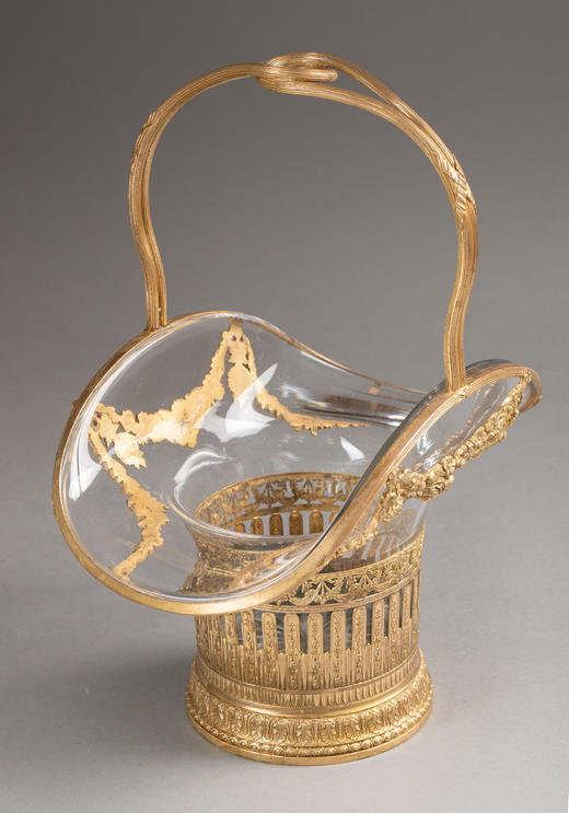 独角鹿西洋古董19世纪末法国出品路易十六风格花叶缎带主题铜鎏金精雕装饰水晶花果篮 商品图3