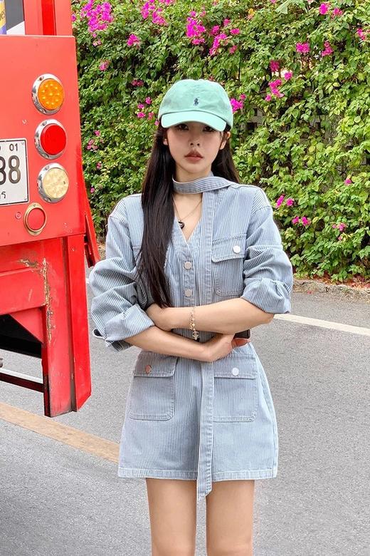 LNNNS 复古文艺条纹休闲牛仔连衣裙 22225 商品图1