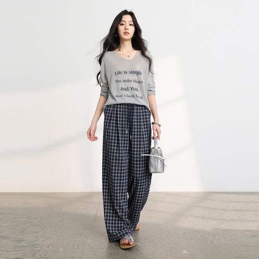 三彩2026春季新款休闲裤格纹长裤宽松高腰显瘦直筒裤垂感M 商品图3