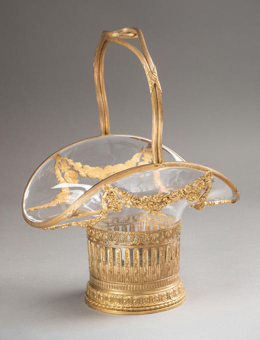 独角鹿西洋古董19世纪末法国出品路易十六风格花叶缎带主题铜鎏金精雕装饰水晶花果篮 商品图0