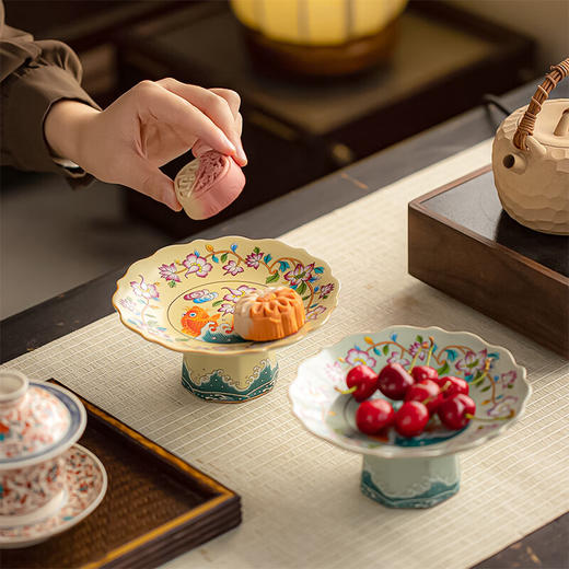 【汝窑高脚盘-盛世锦鲤】陶瓷高脚水果盘中式高足茶点盘家用点心碟子供佛盘干果盘订婚摆台 商品图1