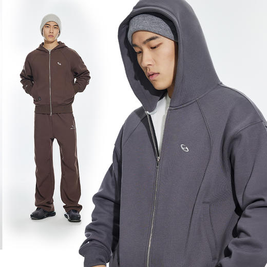 OMG运动 【挺阔有型】连帽卫衣开衫男短款外套秋冬季灰色潮牌休闲 商品图1