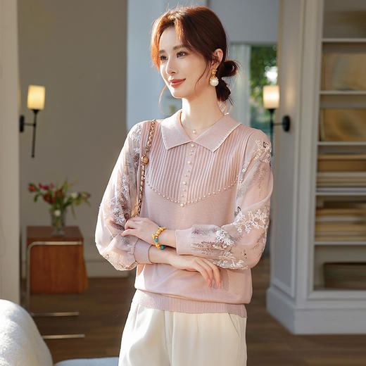 【妈妈春装新款】气质翻领纱袖针织衫 洋气春夏季T恤打底上衣 中老年女装  商品图1