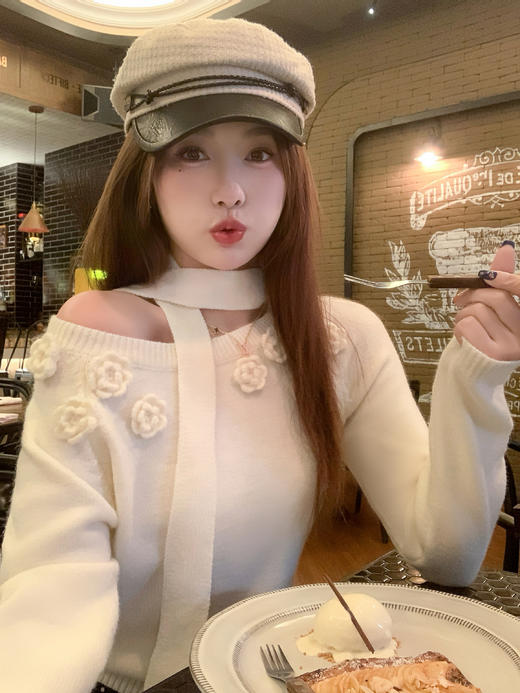 <曾小咸推荐> 2.5 现货秒杀 ！微信超特价！韩系立体花朵斜肩针织衫 日常179.99 立减90 秒杀89.99！！ 商品图9