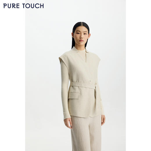 商场同款PURE TOUCH女装26春夏新款亚麻混纺马甲V领系带马夹上衣 商品图0