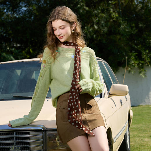 三彩2026春季新款珠片镂空针织衫套头毛衫一字领慵懒上衣休闲M 商品图1