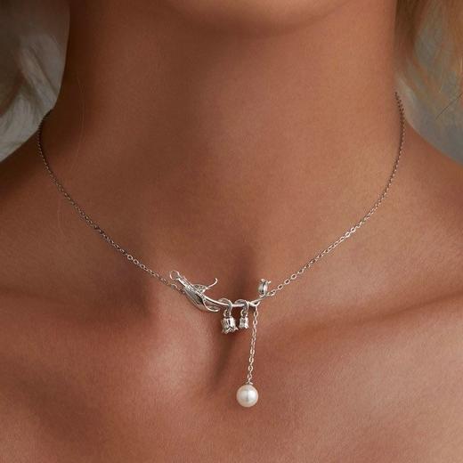 【情人节送礼❗️寓意幸福归来】新款小清新铃兰花贝珠项链女 小众设计花朵s925纯银锁骨链。jc 商品图0