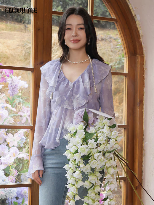 【门店同款】ENJOY春季“柔光芳序”蝶梦紫藤荷叶边上衣 169247797 商品图1