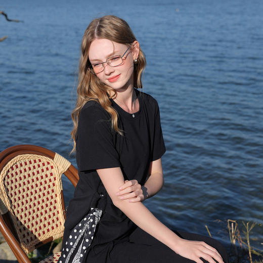 三彩2026春季新款慵懒T恤套装套头衫上衣半身裙长裙两件套M 商品图2