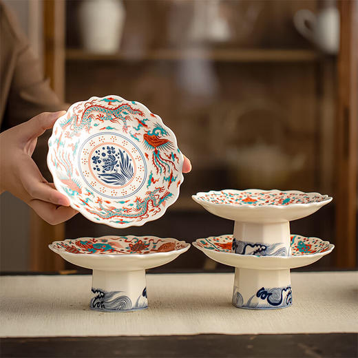【斗彩高脚盘】中式复古风陶瓷茶点盘家用摆件零食干果盘入宅必备茶几摆台水果盘 商品图5