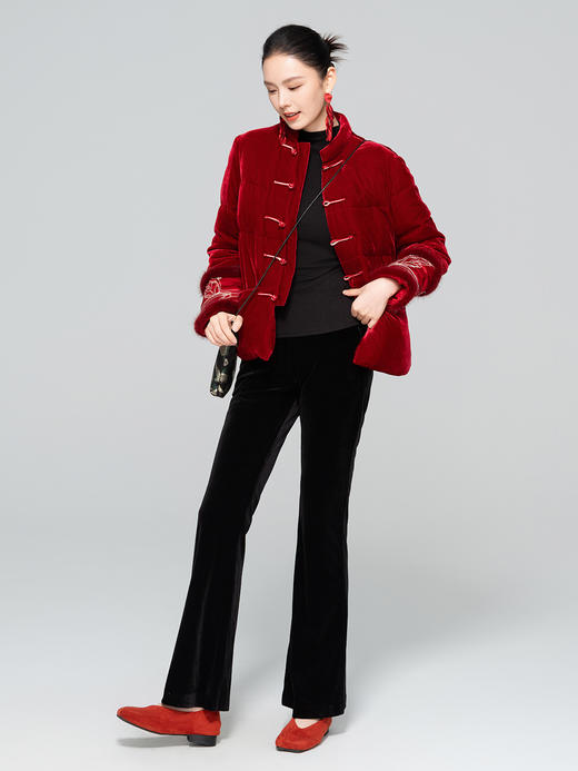 「自」全新升级【铂金会员266/天猫359/差价93】(12500)洛诗琳松紧高腰微喇裤2025冬季优雅显瘦休闲丝绒长裤 商品图1