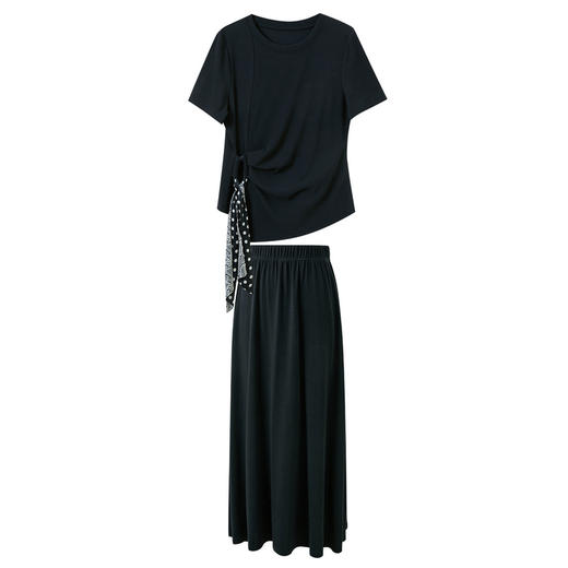 三彩2026春季新款慵懒T恤套装套头衫上衣半身裙长裙两件套M 商品图4