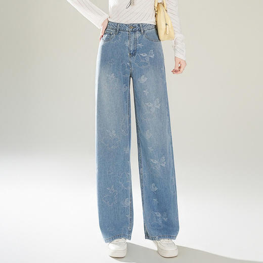 「自」全新升级【铂金会员174/天猫229/差价55】(11945)洛诗琳美式复古蓝色牛仔裤2026春季新款蝴蝶印花显瘦阔腿直筒裤 商品图1