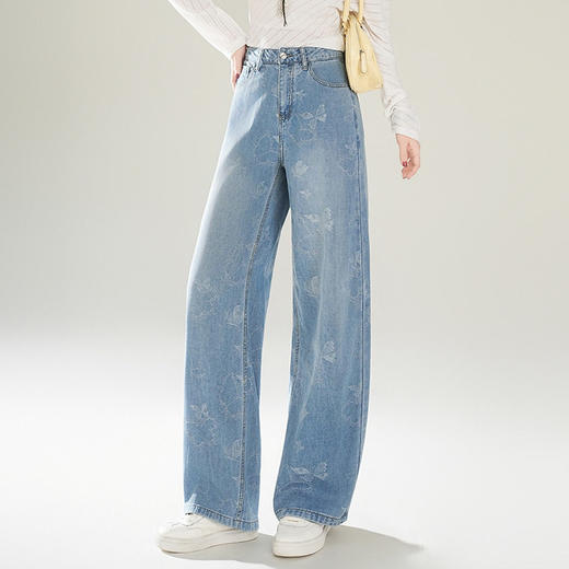 「自」全新升级【铂金会员174/天猫229/差价55】(11945)洛诗琳美式复古蓝色牛仔裤2026春季新款蝴蝶印花显瘦阔腿直筒裤 商品图2