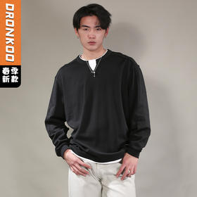 DRONKOO 2026 圆领小V领口下摆拼接T恤假两件长袖中厚T恤