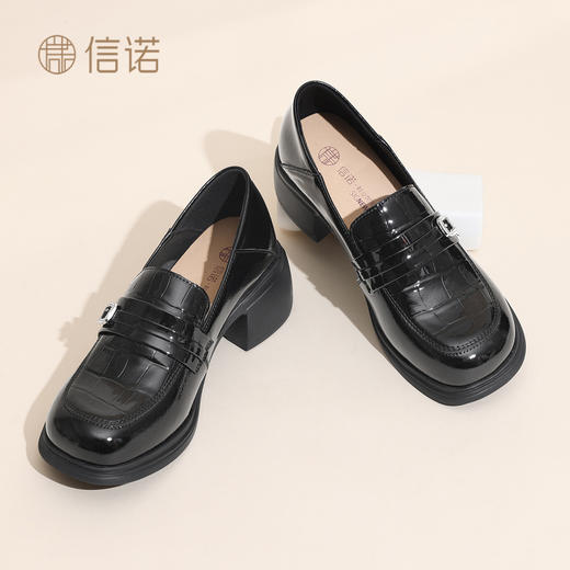 信诺妈妈鞋子英伦风漆皮乐福鞋女粗跟黑色单鞋小皮鞋2026春季新款X6C153-19 商品图2