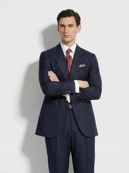 杰尼亚 Cloth Ermenegildo Zegna Traveller Four Seasons 藏蓝色人字纹全麻衬西装套装 商品图2