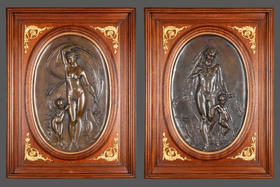【已售】独角鹿西洋古董19世纪法国出品卷叶纹铜鎏金精雕装饰硬木画框古典神话主题青铜浮雕壁挂画一对