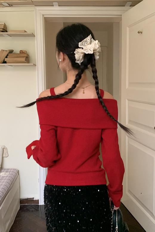 SIA SAYLOR 显白红色一字肩气质蝴蝶结针织上衣 21939 商品图5
