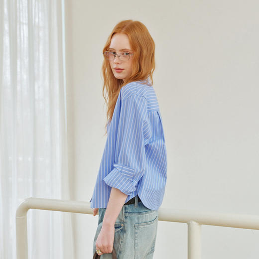 714street高密砂洗条纹长袖衬衫2026春季新款尖领纯棉蓝色衬衣女 商品图1
