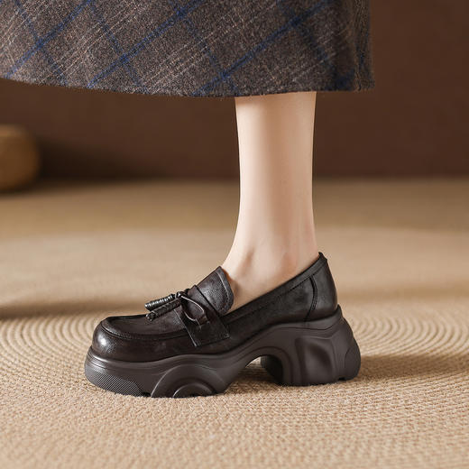 阿么手工女鞋一脚蹬英伦风乐福鞋女蝴蝶结厚底小皮鞋小个子6.5CM 商品图4