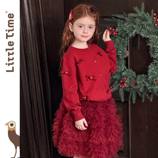 littletime甜美可爱风女童红色蝴蝶结开衫毛衣洋气立体装饰针织衫 商品图3