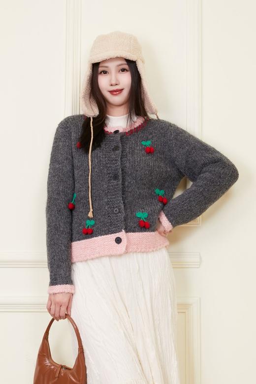 ANSUABEL 重工樱桃粉灰撞色甜美针织开衫 21894 商品图0