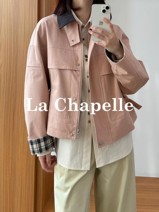 专柜实拍【巴恩工装风】拉夏贝尔/La Chapelle轻奢设计师款！撞色翻领拼接宽松百搭小个子短外套 商品图4