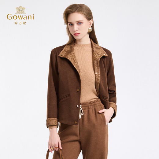 乔万尼新国风立领拼接袖口宽松短款绵羊毛大衣ED4B778805 商品图2