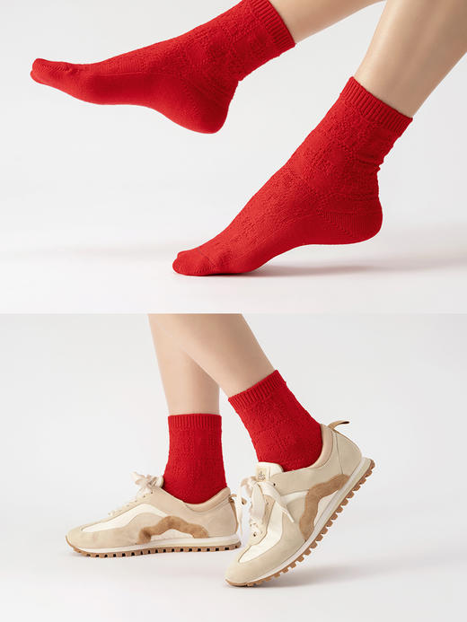 「停」红袜 绵羊毛 菱纹绵软松弹包脚 节庆本命年保暖中筒袜 山林曦照 商品图2