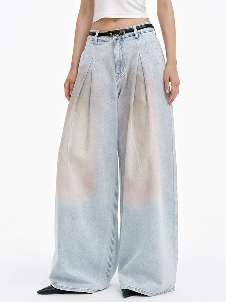 TR她热 赛博甜心 浅蓝色炫彩水洗复古显瘦休闲宽松阔腿牛仔裤长裤