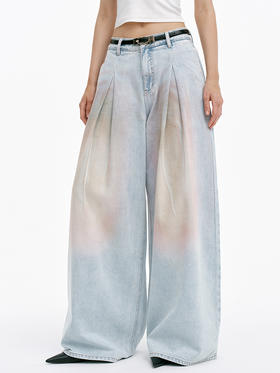 TR她热 赛博甜心 浅蓝色炫彩水洗复古显瘦休闲宽松阔腿牛仔裤长裤